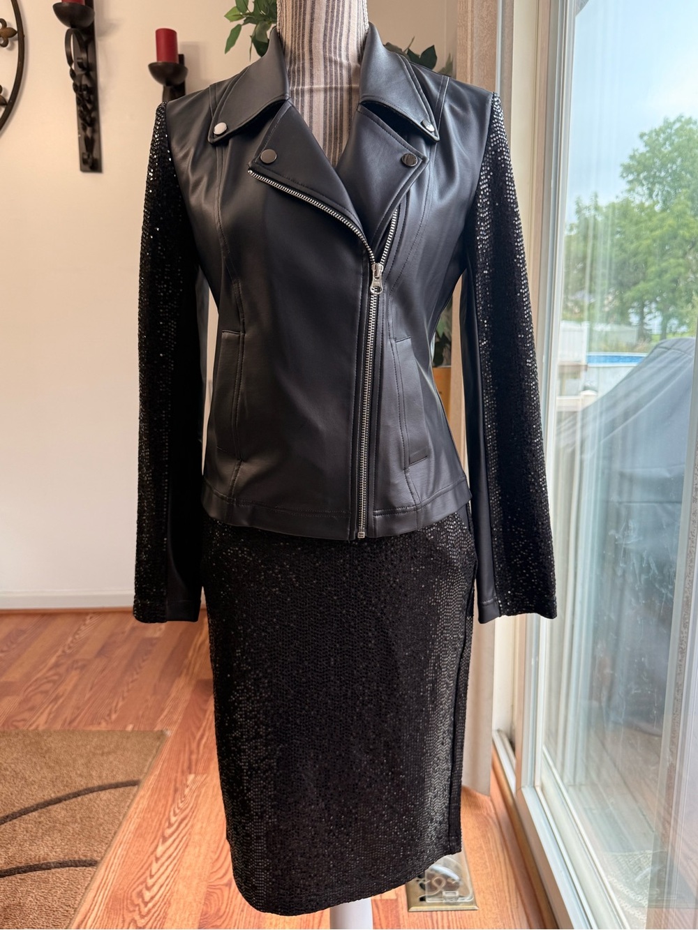 Clara Sun Woo Black Faux Leather Moto Jacket with Sparkle Sleeves NWOT
